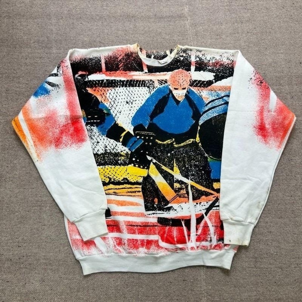 Vintage Hockey Sweatshirt Mens XL White 1990s All Over‎ Print